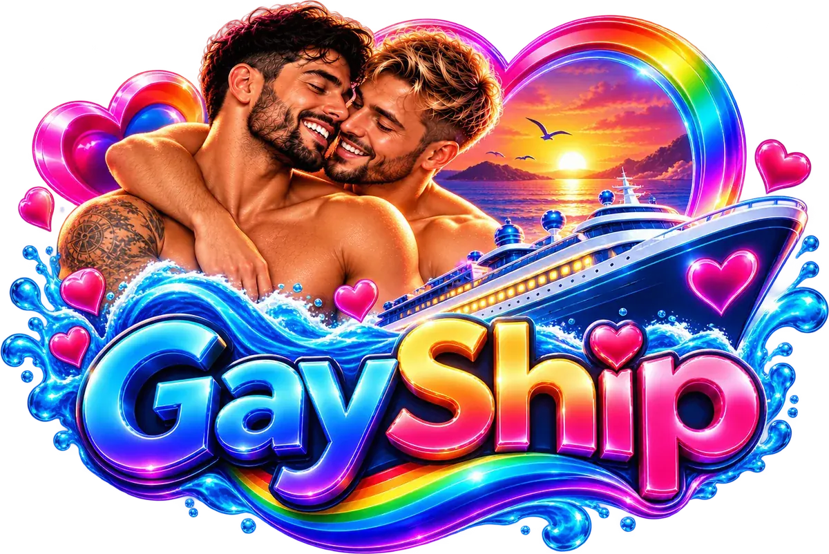 GayShip – zwei Männer umarmen sich vor einem Kreuzfahrtschiff im Sonnenuntergang